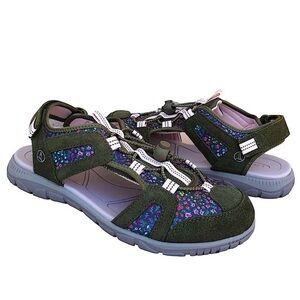 Lands End Suede Fabric Floral Green Bungee Cord Close Toe Women Sport Sandal 9B